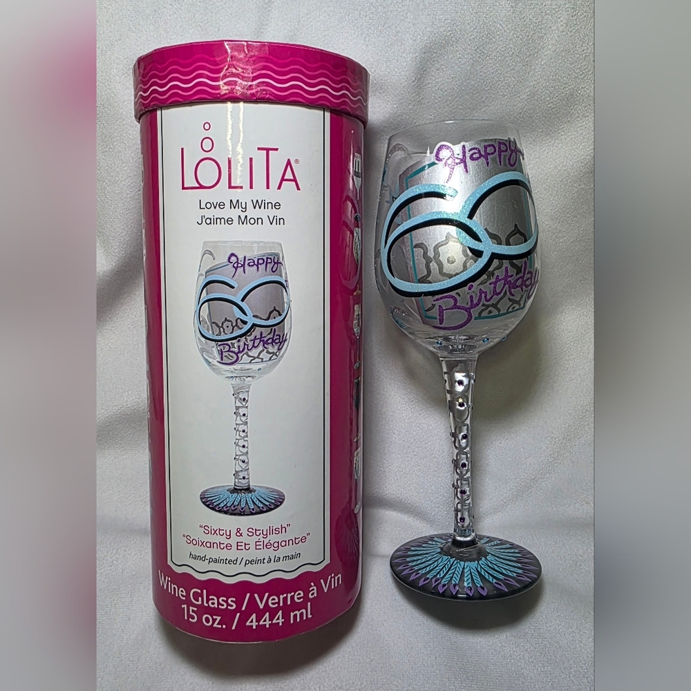 Lolita 60th Birthday 15oz Decorative Sixty & Stylish Wine Glass W/Drink Recipe
